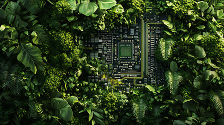 A green jungle scene with a circuit board in the center, representing the merging of nature and technology.の写真素材