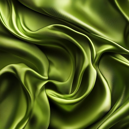 A close-up shot of a soft, green, silky fabric with a smooth, flowing texture, creating an abstract design.の写真素材