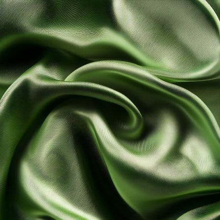 A close-up shot of a green fabric with a ribbed texture, folded and wrinkled, creating abstract patterns and shapes.の写真素材