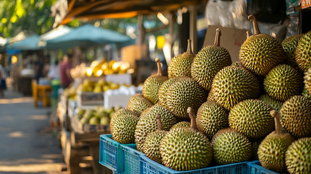 A close-up shot of a crate full of durian fruits, a popular tropical fruit in Southeast Asia. The durian fruits are stacked on top of each other, with the sharp, green spikes visible. The background is a busy market with people and other stalls blurred out.の写真素材