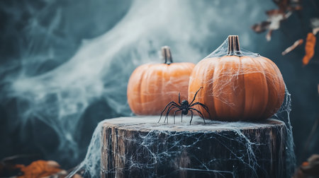 A black spider sits on a tree stump covered in cobwebs, next to two pumpkins, one with a web covering it, with a blurry, misty background.の写真素材