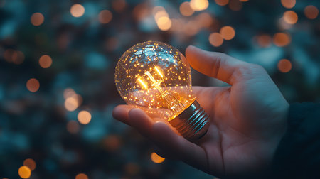 A hand holds a glowing light bulb with a sparkly filament against a blurred background of warm lights.の写真素材