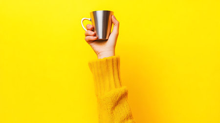 A hand in a yellow knitted sweater holds a silver mug against a bright yellow background.の写真素材