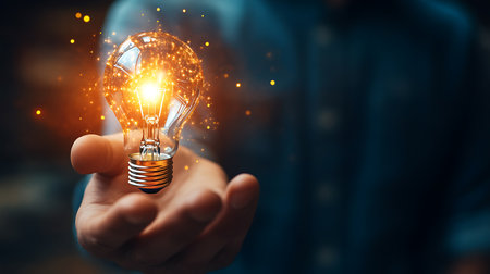 A hand holds a glowing light bulb with sparks emitting from it.  The image is a metaphor for ideas and inspiration.の写真素材