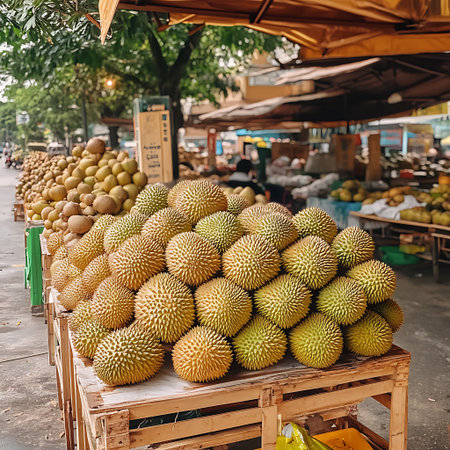 A close-up view of a stall selling durian fruits, the spiky yellow fruits are piled high on a wooden table.の写真素材