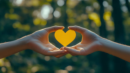 Two hands cradling a bright yellow heart-shaped object with a blurry green and yellow background.の写真素材