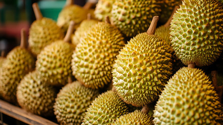 A close-up shot of a pile of durian fruit, with the spiky outer shell and the yellow flesh visible.の写真素材