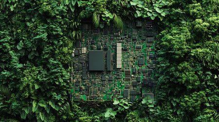A circuit board is framed by lush green foliage, highlighting the contrast between technology and nature.の写真素材