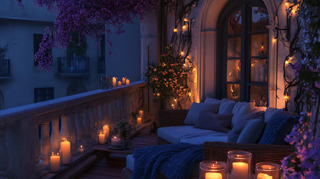 A cozy balcony with a couch, candles, and a blue throw blanket at night, with flowers blooming in the background.の写真素材