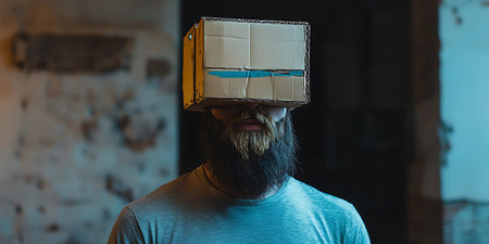 A bearded man with a cardboard box on his head stands in a dimly lit room, looking into the camera.の写真素材