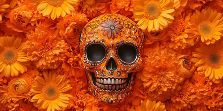 A colorful sugar skull with intricate designs sits surrounded by orange flowers.の写真素材