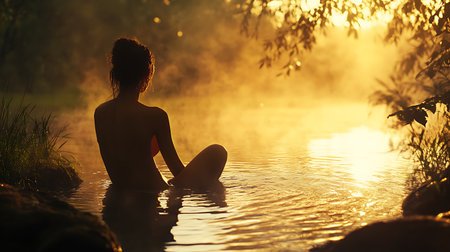 A woman sits in a river, silhouetted against the golden glow of the setting sun. The water is calm and reflects the light, creating a serene and peaceful atmosphere.の写真素材