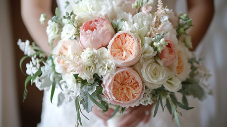 A bride holds a bouquet of soft pink and white flowers, including roses and peonies, with greenery.の写真素材