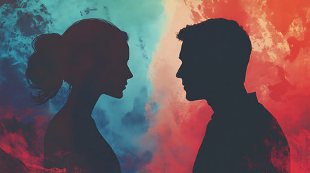 A silhouette of a man and woman facing each other on a vibrant red and blue background.の写真素材