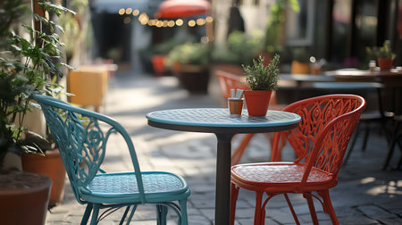 A blue and orange chair sit at a small table with a potted plant and a jar of sugar.の写真素材