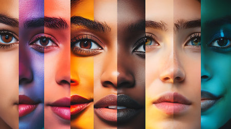 Close-up collage of different women's faces, each with unique skin tones and makeup, highlighting diversity and beauty.の写真素材