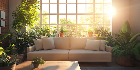 A cozy living room with a large window, white sofa, and a wooden coffee table. Sunlight streams through the window, illuminating the plants and the room.の写真素材
