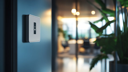 A square, white wall-mounted keypad with a small black rectangle in the center.  The keypad is...