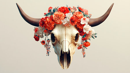 An animal skull adorned with a crown of vibrant red and white flowers.の写真素材