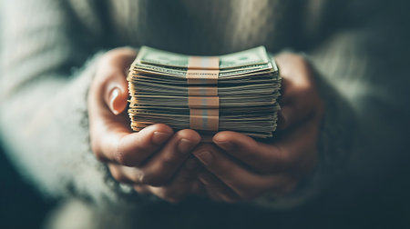 A close-up shot of a person's hands holding a large stack of bills, with a blurred background.の写真素材