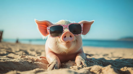 A pig wearing pink sunglasses is lying on a beach.の写真素材