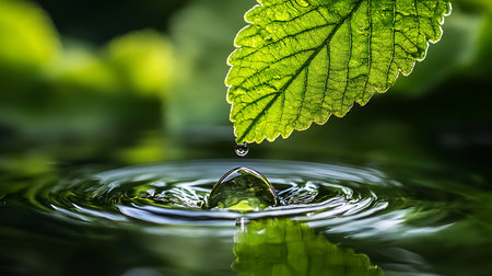 A single water droplet falls from a green leaf, creating ripples on the surface of a still pond.