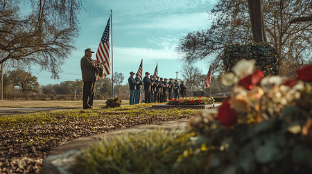 A group of people in uniform stand in a line, holding American flags, in front of a grave with flowers.の写真素材
