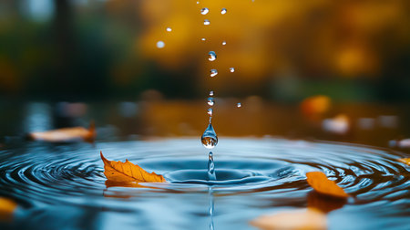 A single water drop falls into a calm pond creating ripples and an ethereal effect. Autumn leaves are scattered around, creating a beautiful and peaceful scene.の写真素材