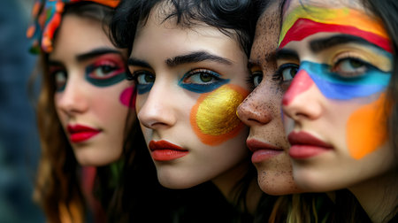 Three women with colorful makeup on their faces, close up of their eyes, noses, and lips.の写真素材