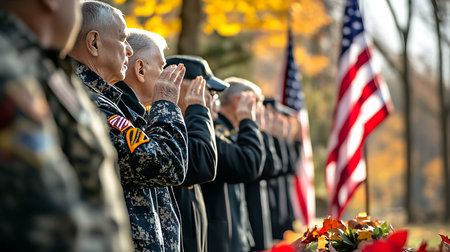 A group of soldiers in military uniform salutes, standing in a line with an American flag in the background, during a ceremony.の写真素材