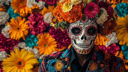 A person wearing a sugar skull mask with floral decorations and blue eyes stares intensely at the camera. The background is a colorful floral wall, and the person is wearing a black shirt and a jacket with a floral pattern.の写真素材