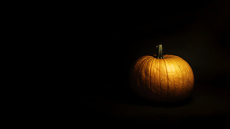 A single, ripe orange pumpkin sits in the center of a dark, black background. The pumpkin is lit from the right, highlighting its smooth, rounded shape and textured surface.の写真素材