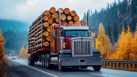 A red semi-truck hauling a load of logs on a wet road through a forest. The truck is driving on the right lane of the two lane road. The truck is driving in the direction of the camera.の写真素材