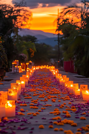 A row of lit candles on a stone path lined with orange and purple flower petals during a sunset.のeditorial素材