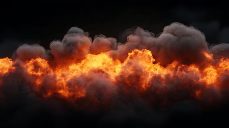 A fiery explosion, captured in an image, reveals a thick cloud of smoke and orange flames against a...