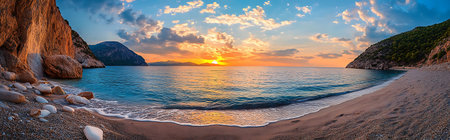 A stunning sunset over a calm, blue ocean, with white clouds and a rocky shore in the foreground.  The sun is setting behind a distant mountain range.のeditorial素材