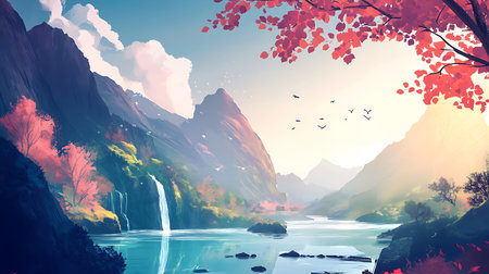 A picturesque landscape featuring a serene lake surrounded by lush greenery, cascading waterfalls, and majestic mountains. The sky is a vibrant blue with fluffy white clouds, while a canopy of vibrant red leaves frames the scene. Birds soar through the air, adding to the tranquility of the moment.の写真素材