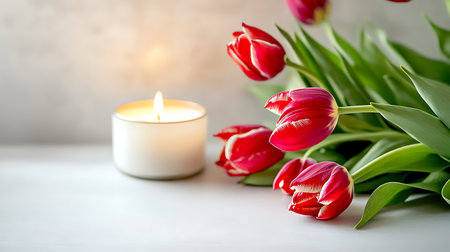 A white candle with a flame burns beside a bouquet of red and white tulips on a white surface.のeditorial素材