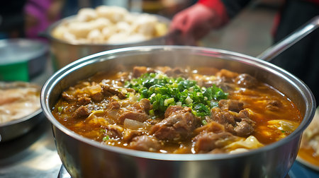 A close up of a pot of stew, filled with chunks of meat, green onions, and a rich, brown broth.のeditorial素材