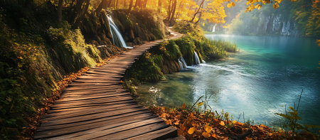 A wooden walkway winds through a lush forest, alongside a crystal clear lake. The sun shines through the trees, illuminating the path and creating a warm, inviting atmosphere.のeditorial素材