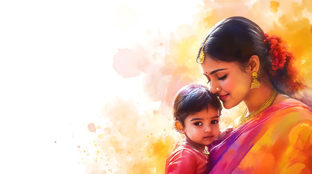 A woman in traditional Indian dress holds a child in her arms, both looking at the viewer. The image is painted in a watercolor style with a soft, warm color palette.の写真素材