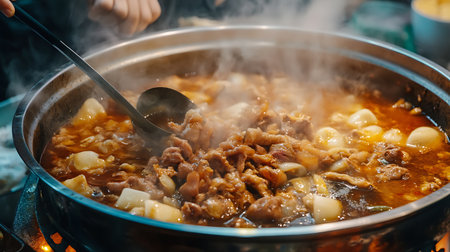 A close-up of a pot of steaming, savory stew with large pieces of meat, potatoes, and onions.の写真素材