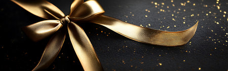 A gold ribbon tied in a bow on a black background with golden sparkles.の写真素材