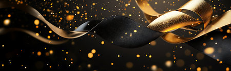 Black and gold ribbons in a swirl with bokeh lights.の写真素材