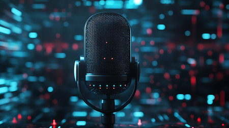 A close-up shot of a black microphone with a metal grid. The background is blurry, but there are  bright red and blue circles.の写真素材