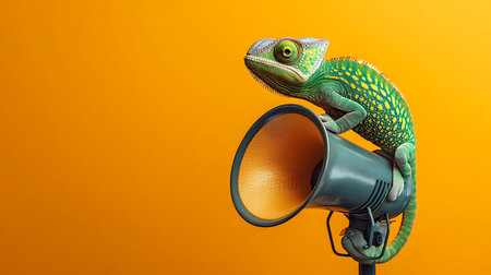 A green chameleon sits on a megaphone against an orange background.の写真素材