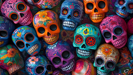 A vibrant collection of colorful sugar skulls, a traditional Mexican decoration, with intricate floral designs and black eyes.の写真素材