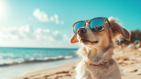 A dog wearing sunglasses looks out over a sandy beach, the ocean and sky in the background.
