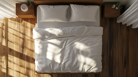 A top-down view of a made bed with white sheets and pillows, resting in a sunlit room with wooden floors and nightstands.の写真素材