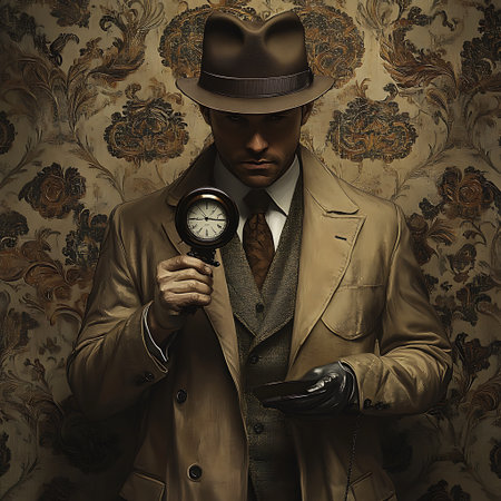 A man in a trench coat and fedora holds a pocket watch in front of a floral wallpaper.